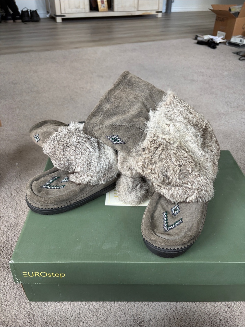 EUROstep Women's Taupe Faux-Fur Moccasin Slippers
